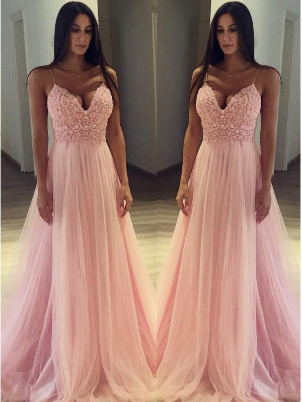A-Line/Princess Spaghetti Straps Tulle Sleeveless Sweep/Brush Train Prom Dresses with Applique