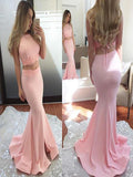 Trumpet/Mermaid Halter Elastic Woven Satin Sleeveless Two Piece Sweep/Brush Train Dresses with Slit