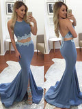 Trumpet/Mermaid Halter Elastic Woven Satin Sleeveless Two Piece Sweep/Brush Train Dresses with Slit