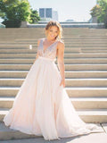 A-Line/Princess V-neck Tulle Sleeveless Plus Size Sweep/Brush Train Prom Dresses with Sequin