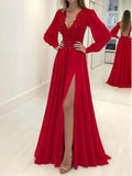 A-Line/Princess V-neck Chiffon Long Sleeves Sweep/Brush Train Evening Dresses with Slit Applique
