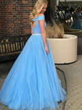 A-Line/Princess Off-the-Shoulder Tulle Sleeveless Sweep/Brush Train Prom Evening Dresses with Beading