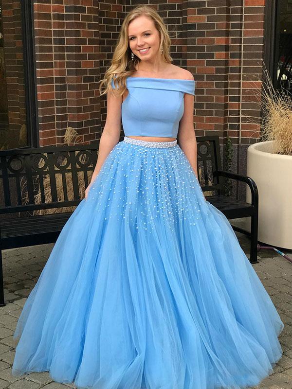 A-Line/Princess Off-the-Shoulder Tulle Sleeveless Sweep/Brush Train Prom Evening Dresses with Beading