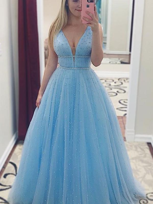 A-Line/Princess V-neck Tulle Sleeveless Long Prom Evening Dresses with Pearls