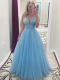 A-Line/Princess V-neck Tulle Sleeveless Long Prom Evening Dresses with Pearls