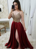 A-Line/Princess Straps Satin Sleeveless Long Prom Evening Dresses with Beading