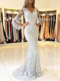 Trumpet/Mermaid V-neck Tulle 3/4 Sleeves Sweep/Brush Train Prom Evening Dresses with Applique