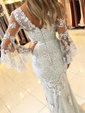 Trumpet/Mermaid V-neck Tulle 3/4 Sleeves Sweep/Brush Train Prom Evening Dresses with Applique