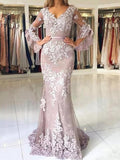 Trumpet/Mermaid V-neck Tulle 3/4 Sleeves Sweep/Brush Train Prom Evening Dresses with Applique