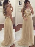A-Line/Princess Halter Tulle Sleeveless Long Prom Evening Dresses with Applique