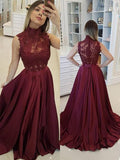 A-Line/Princess High Neck Satin Sleeveless Sweep/Brush Train Prom Evening Dresses with Applique