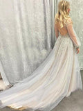 A-Line/Princess V-neck Tulle Long Sleeves Sweep/Brush Train Prom Evening Dresses with Sequin