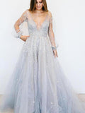 A-Line/Princess V-neck Tulle Long Sleeves Sweep/Brush Train Prom Evening Dresses with Sequin