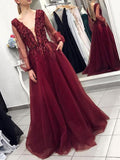 A-Line/Princess V-neck Tulle Long Sleeves Sweep/Brush Train Prom Evening Dresses with Applique