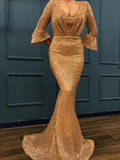 Trumpet/Mermaid V-neck Sequins 3/4 Sleeves Sweep/Brush Train Prom Evening Dresses with Ruffles