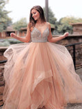 A-Line/Princess Straps Tulle Sleeveless Sweep/Brush Train Prom Evening Dresses with Beading