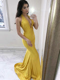 Trumpet/Mermaid Halter Satin Sleeveless Sweep/Brush Train Formal Evening Dresses with Ruffles