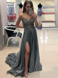 A-Line/Princes Bateau Chiffon Sleeveless Sweep/Brush Train Prom Dresses with Slit Crystal
