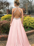 A-Line/Princes Halter Satin Sleeveless Sweep/Brush Train Prom Dresses with Beading