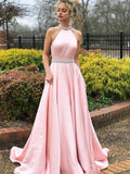 A-Line/Princes Halter Satin Sleeveless Sweep/Brush Train Prom Dresses with Beading