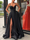 A-Line/Princes Straps Satin Sleeveless Sweep/Brush Train Prom Dresses with Slit Ruffles
