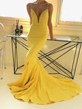 Trumpet/Mermaid Spaghetti Straps Satin Sleeveless Sweep/Brush Train Prom Dresses with Ruffles