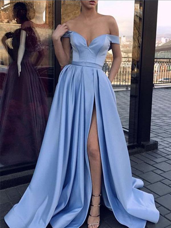 A-Line/Princess Off-the-Shoulder Satin Sleeveless Sweep/Brush Train Prom Dresses with Slit Ruffles