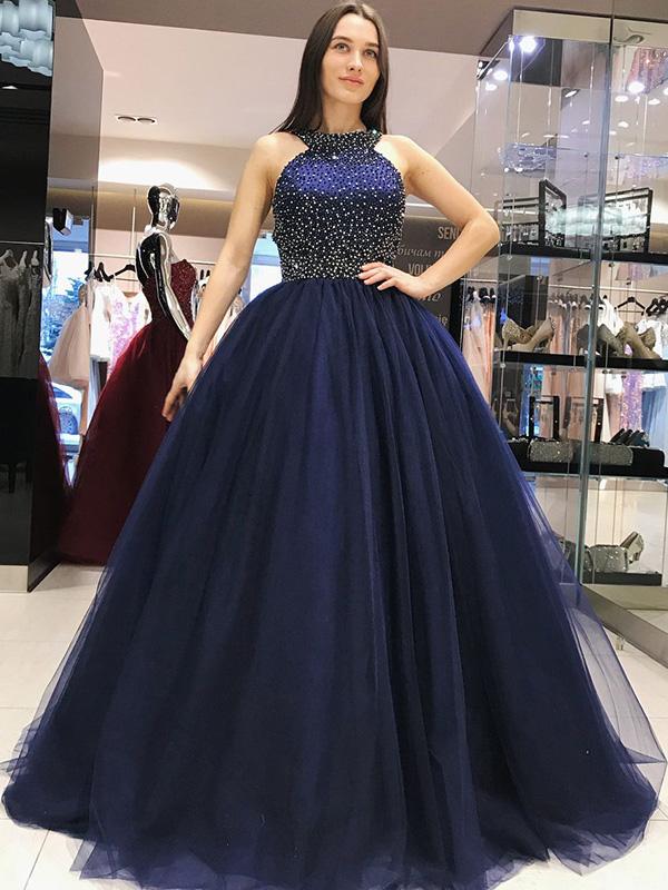Ball Gown Halter Tulle Sleeveless Sweep/Brush Train Prom Dresses with Beading
