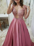 A-Line/Princes Scoop Satin Sleeveless Long Prom Dresses with Applique