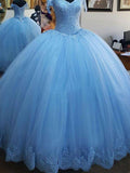 Ball Gown Off-the-Shoulder Tulle Sleeveless Sweep/Brush Train Prom Evening Dresses with Lace
