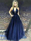 A-Line/Princes V-neck Tulle Sleeveless Long Prom Evening Dresses with Ruffles