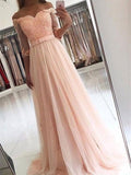 A-Line/Princess Off-the-Shoulder Sweep/Brush Train Tulle Prom Evening Dresses with Sash/Ribbon/Belt