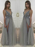 A-Line/Princess V-Neck Long Tulle Beading Sleeveless Prom Evening Dresses with Slit
