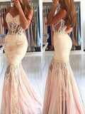 Trumpet/Mermaid Sweetheart Sweep/Brush Train Tulle Sleeveless Prom Evening Dresses with Lace