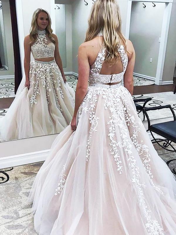 A-Line/Princess High Neck Sweep/Brush Train Tulle Sleeveless Two Piece Prom Dresses with Applique