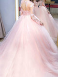 Ball Gown Jewel Sweep/Brush Train Tulle Long Sleeves Prom Evening Dresses with Lace