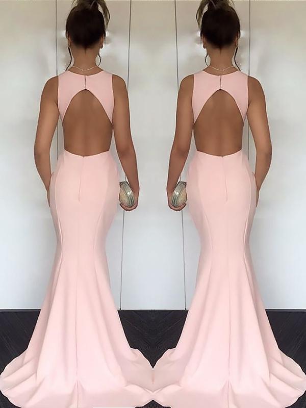 Trumpet/Mermaid Jewel Sweep/Brush Train Satin Sleeveless Prom Evening Dresses with Ruched