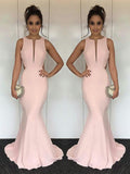 Trumpet/Mermaid Jewel Sweep/Brush Train Satin Sleeveless Prom Evening Dresses with Ruched