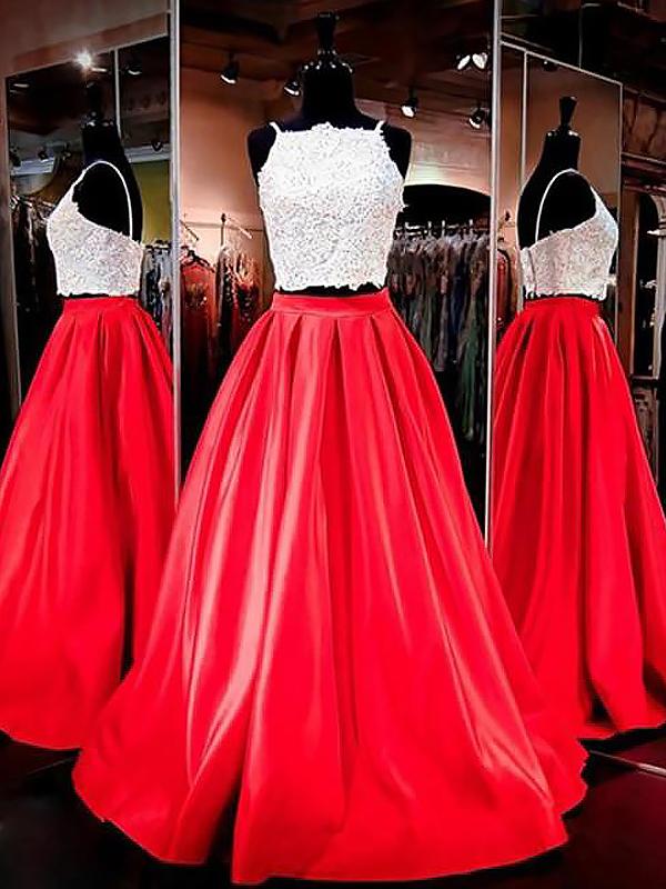 A-Line/Princess Spaghetti Straps Long Satin Sleeveless Two Piece Prom Evening Dresses with Lace