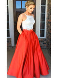A-Line/Princess Spaghetti Straps Long Satin Sleeveless Two Piece Prom Evening Dresses with Lace
