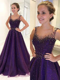 A-Line/Princess Scoop Long Tulle Sleeveless Prom Evening Dresses with Beading