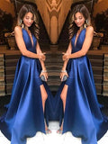 A-Line/Princess V-Neck Sweep/Brush Train Satin Ruffles Sleeveless Prom Evening Dresses with Slit