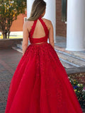 A-Line/Princess Halter Long Tulle Sleeveless Two Piece Prom Evening Dresses with Beading