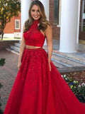 A-Line/Princess Halter Long Tulle Sleeveless Two Piece Prom Evening Dresses with Beading
