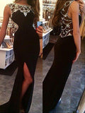 Sheath/Column Bateau Sweep/Brush Train Spandex Beading Sleeveless Prom Evening Dresses with Slit