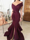 Trumpet/Mermaid Off-the-Shoulder Long Satin Ruched Sleeveless Prom Evening Dresses with Slit