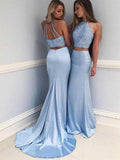 Sheath/Column Halter Sweep/Brush Train Satin Sleeveless Two Piece Prom Dresses with Beading