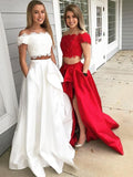 A-Line/Princess Off-the-Shoulder Sweep/Brush Train Satin Lace Sleeveless Two Piece Prom Dresses with Slit
