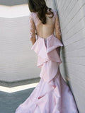 Trumpet/Mermaid Scoop Sweep/Brush Train Satin Long Sleeves Prom Evening Dresses with Applique