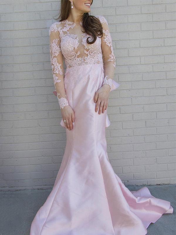 Trumpet/Mermaid Scoop Sweep/Brush Train Satin Long Sleeves Prom Evening Dresses with Applique